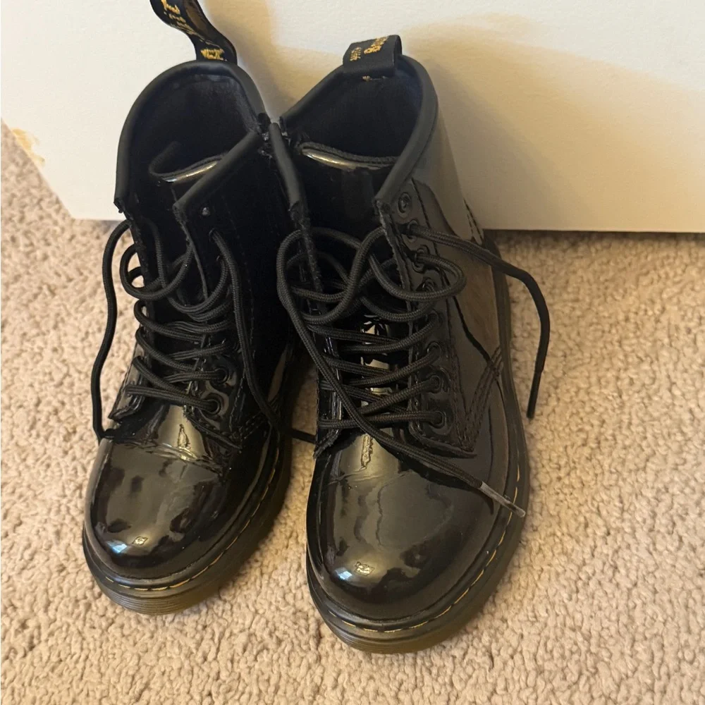 Dr. Martens Black Patent Lace-Up Combat Boot with Yellow Stitching